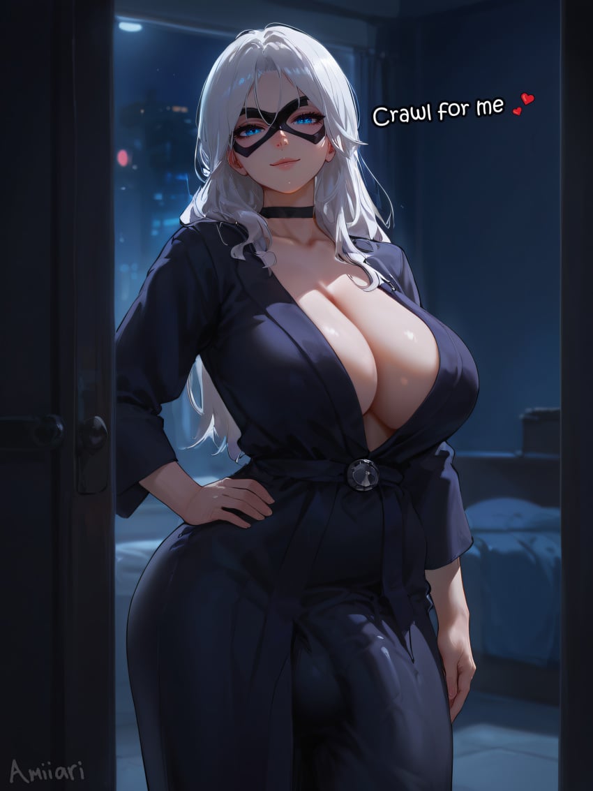 1futa absurd_res ai_generated amiiari bathrobe big_breasts black_cat_(marvel) blue_eyes bulge bulge_through_clothing cleavage detailed dickgirl erection_under_clothes felicia_hardy futa_only futanari highres huge_ass huge_breasts massive_penis penis penis_under_clothes robe seductive_smile tenting text thick_thighs white_hair