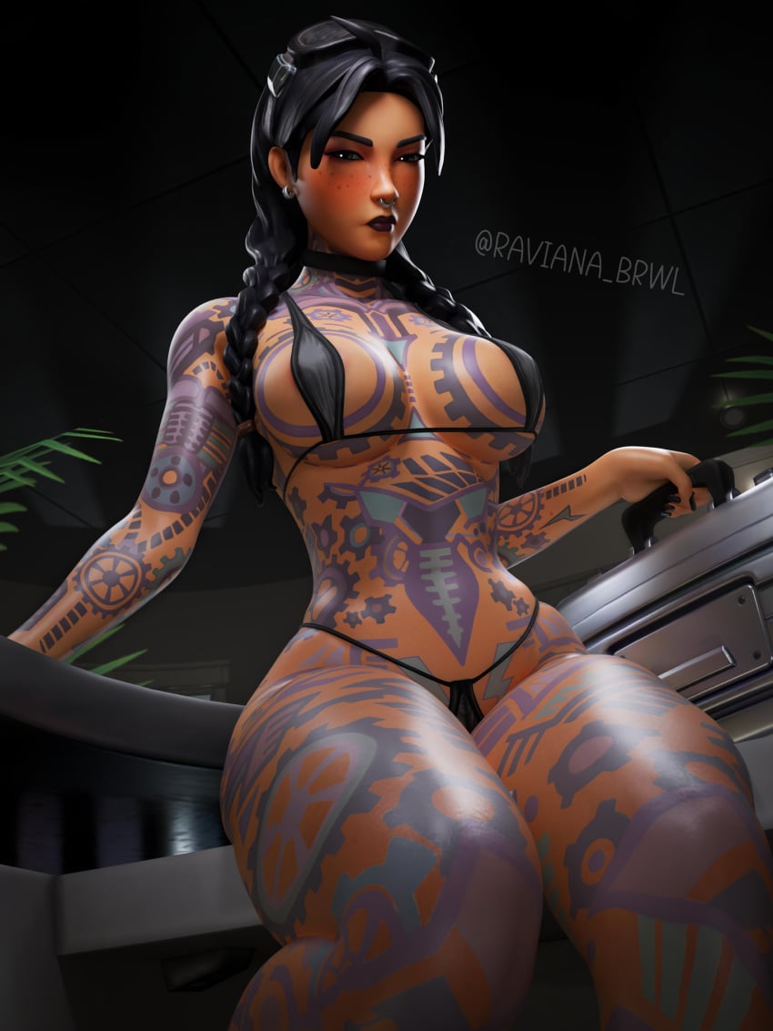 1girls 3d bare_shoulders big_breasts bikini black_hair black_lipstick blush blush breasts choker ear_piercing epic_games female female female_only fortnite fortnite:_battle_royale freckles freckles_on_face goggles_on_head jules_(fortnite) light_skin lipstick long_hair looking_at_viewer painted_nails raviana_brwl septum_piercing sitting solo solo_female tagme thighs