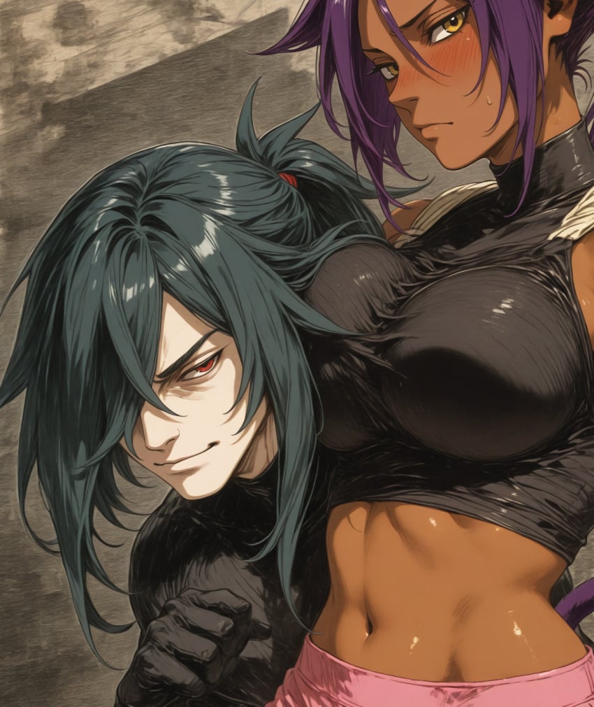 1boy 2girls abs ai_generated animal_ears animal_tail armpits arms_up bangs bare_shoulders black_gloves black_hair black_jacket black_legwear black_shirt black_shorts black_thighhighs bleach blush breast_grab breast_press breasts cat_ears cat_tail closed_mouth clothing couple crop_top dark-skinned_female dark_skin elbow_gloves embracing eye_contact female fingerless_gloves gloves grabbing groping hair_between_eyes hair_over_one_eye high_ponytail hug interracial jacket kissing large_breasts legwear long_hair looking_at_another looking_at_viewer lying male medium_breasts midriff multiple_girls muscle naruto naruto_(series) naruto_shippuden navel nipples oerba_yun_fang pants parted_bangs parted_lips pink_shorts ponytail purple_hair red_eyes ribbed_sweater scar scar_on_face scarf shihouin_yoruichi shiny shirt short_shorts shorts sidelocks simple_background sitting skindentation sleeveless sleeveless_turtleneck smile straight sweat sweatdrop sweater tail teeth thighhighs thighs tied_hair topless topless_male turtleneck turtleneck_sweater uchiha_madara underboob underwear upper_body very_long_hair yellow_eyes