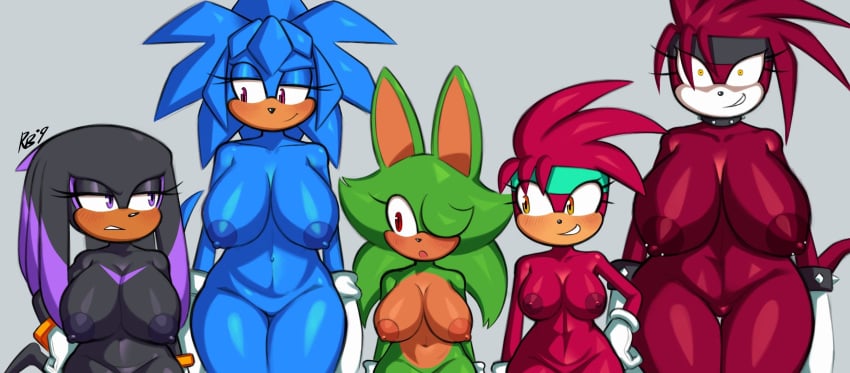 5girls big_breasts big_nipples blush breasts breasts_out echidna feline female female_focus female_only oc pangolin smile snesti sonic_(series) sonic_the_hedgehog_(series) tagme