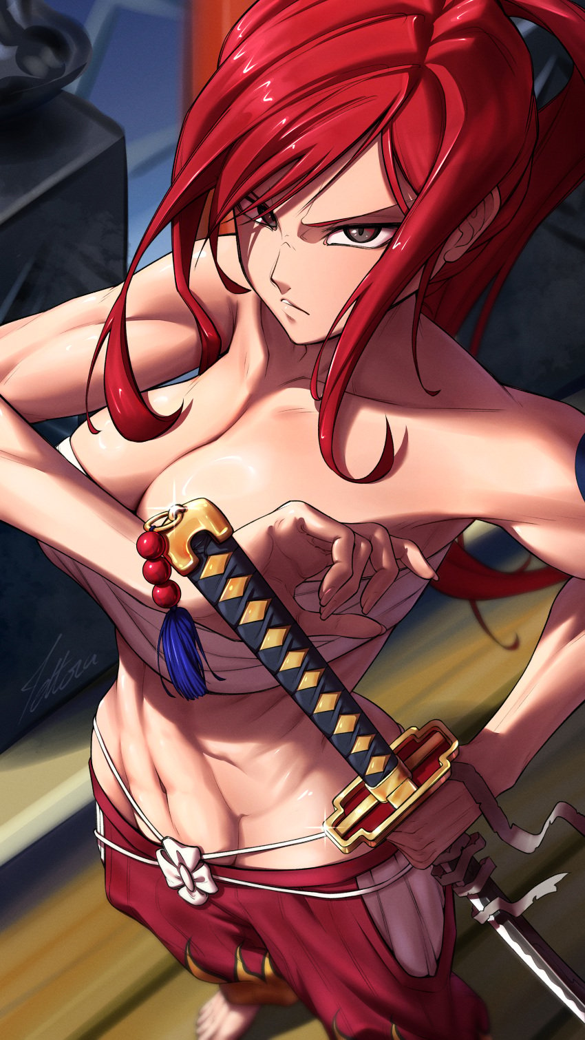 1girls abs absurd_res absurdres angry angry_face arm_tattoo bandage bandaged_breasts bandages_around_breasts bare_shoulders barefoot bbw big_breasts black_eyes busty cleavage erza_scarlet fairy_tail feet female female_focus female_only hair_ribbon hi_res high_resolution highres hips large_breasts light-skinned_female light_skin looking_at_viewer muscles muscular muscular_female pale-skinned_female pale_skin pinup ponytail pose posing red_hair ribbon skimpy skimpy_clothes solo solo_female solo_focus standing sword tattoo tettora tied_hair toes very_high_resolution wide_hips