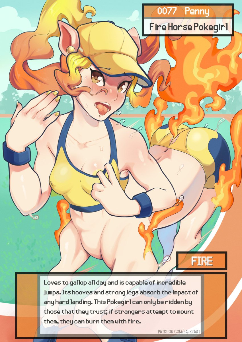 1girls amber_eyes blush centaur english_text falkeart falkedex female female_only fire generation_1_pokemon hat looking_at_viewer nintendo open_mouth orange_hair pokegirl pokemon pokemon_(species) ponyta profile solo sportswear sweat text text_box tongue_out very_high_resolution wristband