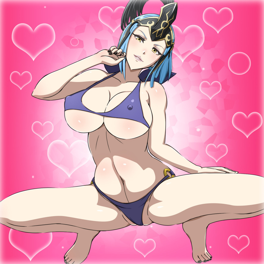 arete_(fire_emblem) bare_arms bare_legs bare_shoulders barefoot bikini black_nails blue_bikini blue_hair blush breasts cleavage covered_erect_nipples feet female fire_emblem fire_emblem_fates heart helmet highres huge_breasts legs looking_at_viewer micro_bikini milf nail_polish navel nintendo parted_lips partially_visible_vulva short_hair simple_background smile solo squatting swimsuit thighs toes underboob yellow_eyes yuki_(12cut)