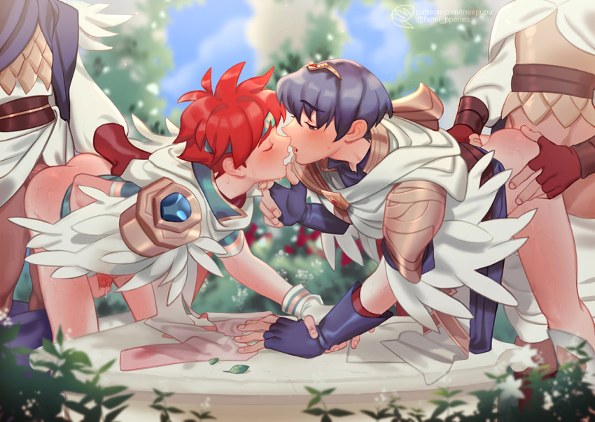 4boys anal anal_sex blue_eyes blue_hair blush brown_gloves doggy_style facing_another facing_each_other fingerless_gloves fire_emblem fire_emblem:_mystery_of_the_emblem fire_emblem:_shadow_dragon_and_the_blade_of_light fire_emblem:_the_binding_blade fire_emblem_heroes foursome gay gloves half-closed_eyes head_wreath jewelry kissing kissing_while_penetrated male male/male male_focus male_only marth_(fire_emblem) meep meep_(mi_ppu) multiple_boys multiple_subs open_mouth pubic_hair red_hair roy_(fire_emblem) watermark yaoi