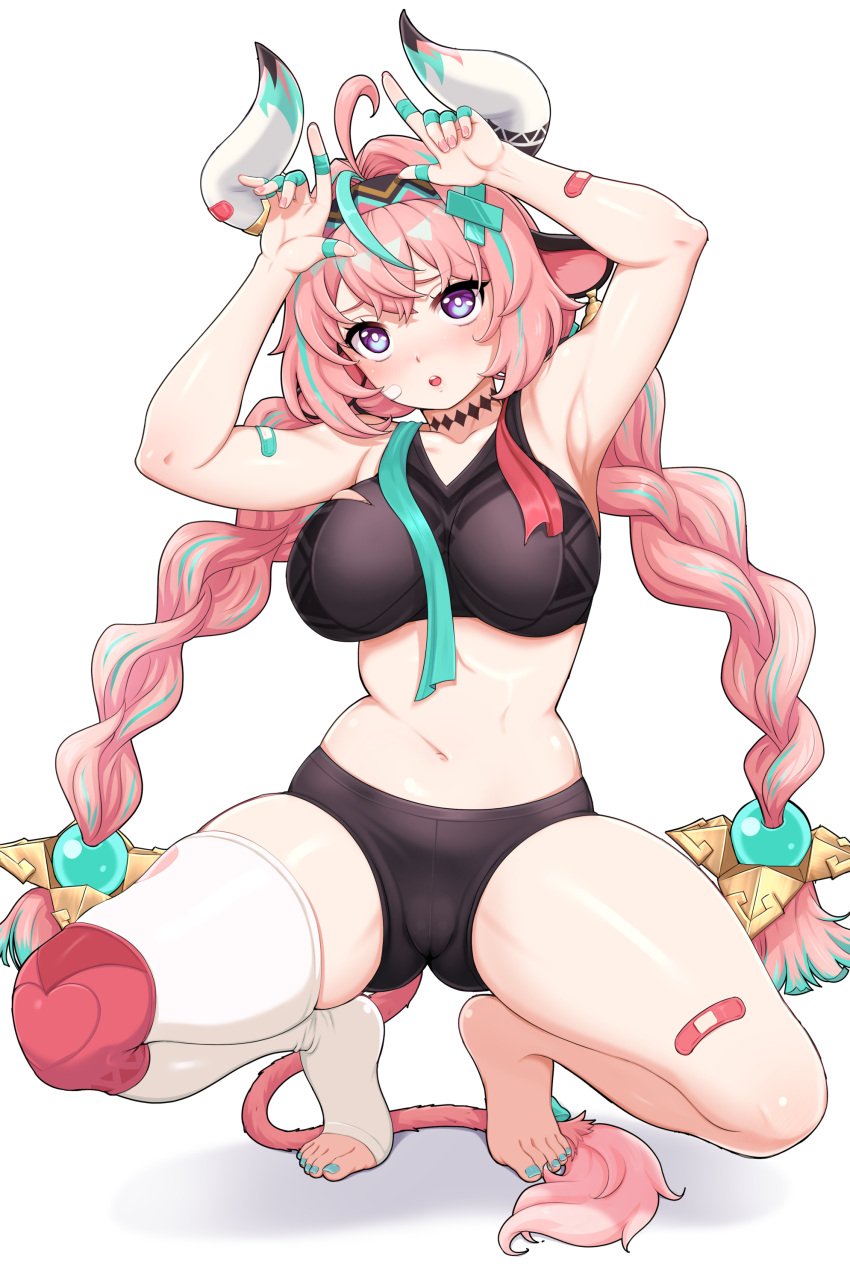 absurdres ahoge animal_ears aqua_hair armpits arms_up barefoot bike_shorts braid breasts cameltoe cow_ears cow_girl cow_horns cow_tail feet female genshin_impact highres horns large_breasts long_hair multicolored_hair nail_polish navel no_shoes orika_nekoi pink_hair purple_eyes scissors simple_background single_thighhigh skindentation solo squatting streaked_hair tail thighhighs tiptoes toeless_legwear toenail_polish toenails toes twin_braids varesa_(genshin_impact) white_background