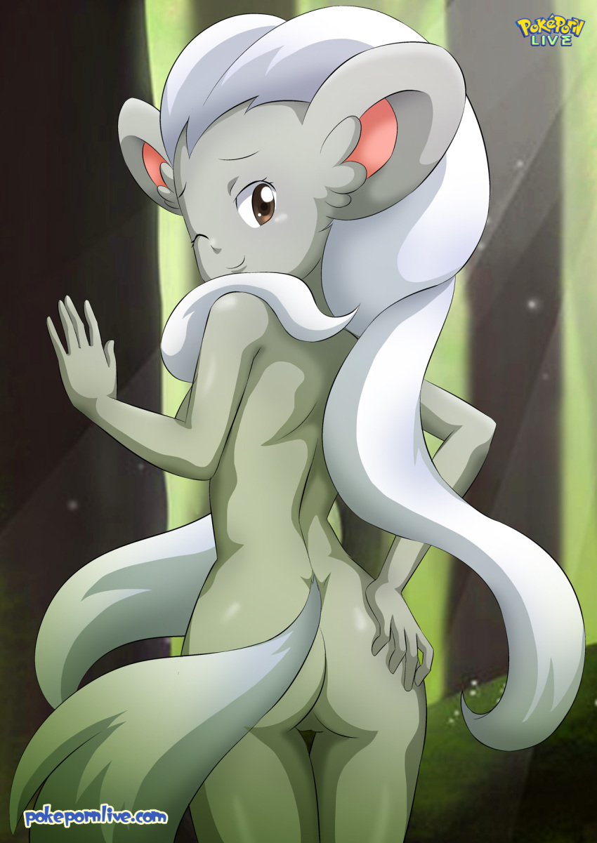 1girls anthro ass back big_ears brown_eyes cinccino female female_only forest furry hand_on_ass one_eye_closed pokémon_(species) pokemon pokemon_bw pokepornlive shiny_cinccino shiny_pokemon solo tail white_hair wink