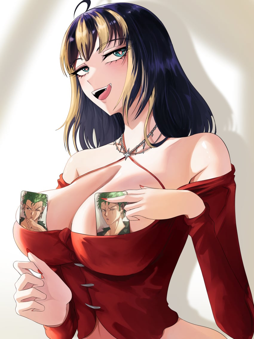 1girls ashley_(opalisart) bare_shoulders big_breasts black_hair blonde_hair blue_eyes blush bob_cut cleavage dress fangirl female heart-shaped_pupils licking_lips long_sleeves looking_pleasured medium_hair oc one_piece original_character picture_frame red_dress red_nail_polish red_nails roronoa_zoro slim_waist tight_clothing two_tone_hair