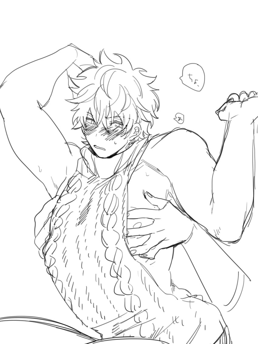 2boys blush embarrassed gay gintama gintoki_sakata groping groping_breasts groping_from_behind kanzaki_ria looking_back male male_only monochrome muscular muscular_male pecs sketch solo_focus sweat sweater sweater_dress virgin_killer_sweater yaoi