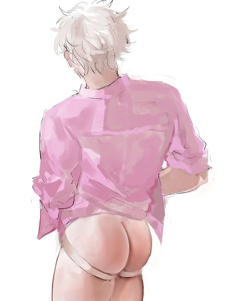 akoku ass ass_focus big_ass bubble_butt class_3-z colored_sketch gintama gintoki_sakata jockstrap male male_only no_pants official_alternate_costume pale-skinned_male pale_skin rear_view sketch solo white_hair