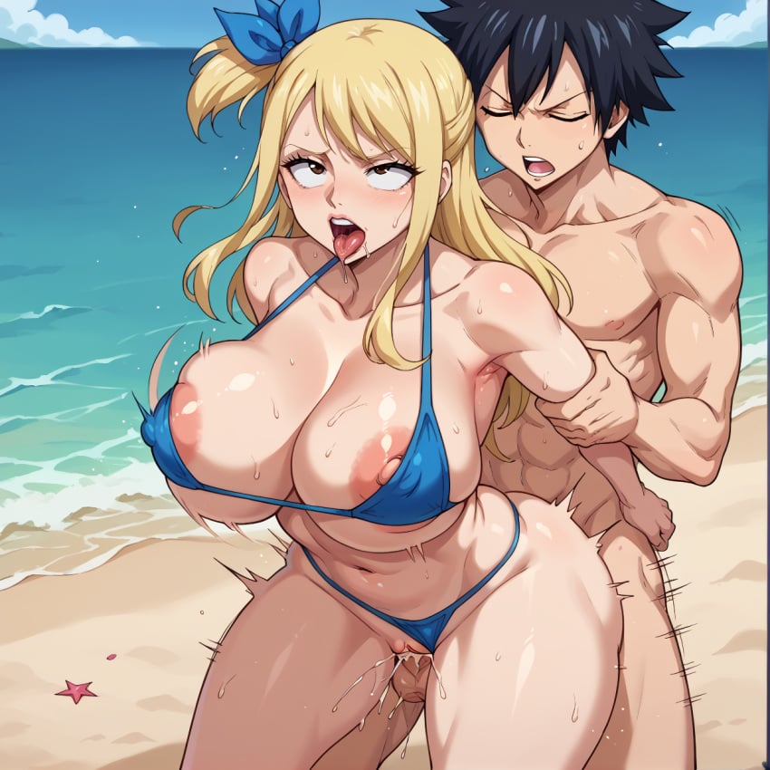 1boy 1girl ahe_gao ai_generated areolae areolae_slip arms_held_back beach bending_forward bending_over bikini_aside black_hair blonde_hair blue_bikini blue_ribbon breasts breasts_bigger_than_head brown_eyes curvy curvy_body curvy_female curvy_figure fairy_tail female gray_fullbuster huge_breasts light-skinned_female light-skinned_male light_skin long_hair lucy_heartfilia male male/female muscular_male nipple_slip nipples pounding ps-ai pussy ribbon rolling_eyes spiked_hair standing standing_sex straight taken_from_behind testicles voluptuous voluptuous_female