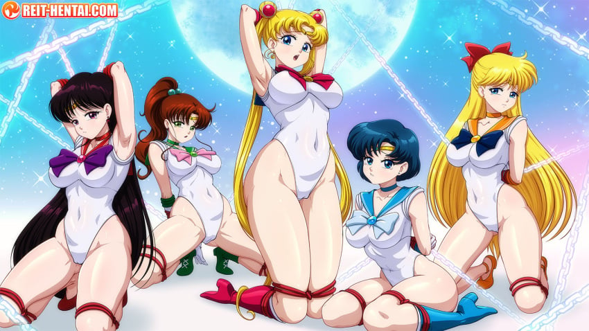 5girls ami_mizuno background black_hair blonde_hair blue_hair bondage bondage boots brown_hair chained chained_up half_clothed long_hair looking_at_viewer makoto_kino minako_aino rei_hino reit restrained sailor_moon sailor_scout short_hair tagme tied_up tight_clothing usagi_tsukino watermark