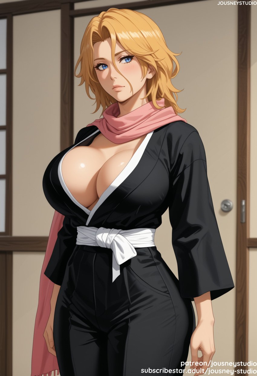 ai_generated arms_at_sides bangs black_kimono black_pants bleach bleach:_the_thousand-year_blood_war blonde_hair blue_eyes blush breasts cleavage closed_mouth clothing cowboy_shot door doorway female female female_only hair_between_eyes haori huge_breasts indoors jousneystudio kimono large_breasts lips long_hair long_sleeves looking_at_viewer matsumoto_rangiku mole mole_under_mouth parted_lips patreon_username pink_scarf robe sash scarf shiny short_hair sliding_doors solo standing thighs traditional_clothes wafuku web_address white_sash