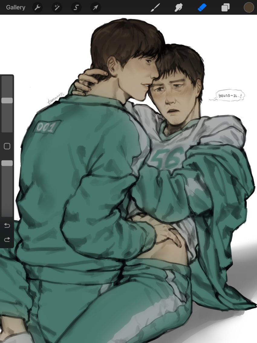 between_legs black_hair brown_eyes brown_hair grinding hand_on_neck hand_on_stomach hwang_in-ho legs_apart legs_around_partner male/male midriff seong_gi-hun shirt_lift shirt_up squid_game temmmry3 text text_bubble track_jacket yaoi