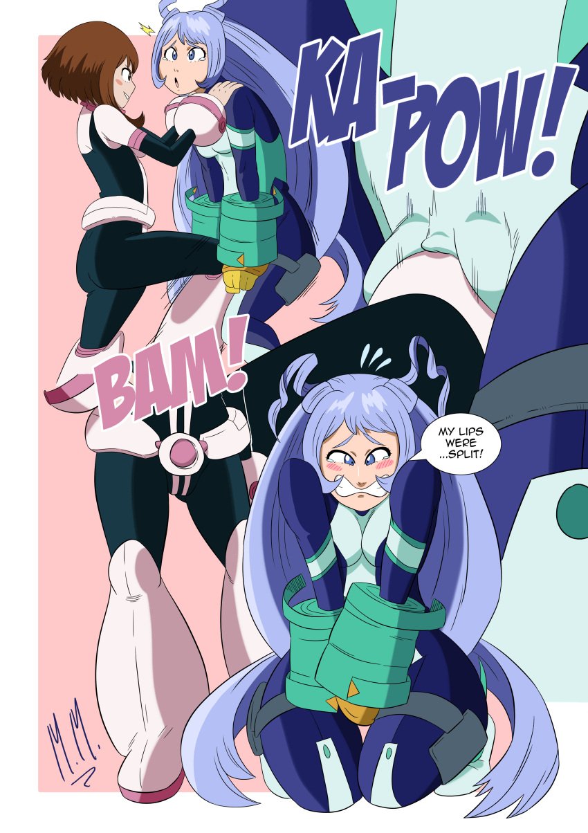 2girls blue_hair blush bodysuit boots brown_hair clitoral_hood clitoris clothed clothing cuntbusting dialogue femsub hadou_nejire hadou_nejire_(hero_outfit) hero_outfit_(mha) knee kneeing monkeeman0918 multiple_girls my_hero_academia nejire_hado nejire_hado_(hero_outfit) ochako_uraraka pain pained_expression painful pussy shounen_jump skin_tight speech_bubble suit uraraka_ochako uraraka_ochako_(hero_outfit) vagina yuri