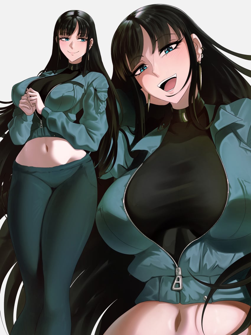 belly_button big_breasts black_hair blue_eyes blush child_bearing_hips clothing ear_piercing earrings female female_only jacket long_hair long_neck long_sleeves nico_robin one_piece opalisart open_jacket slim_waist smiling tagme tall_girl thick_thighs tight_clothing top wide_hips