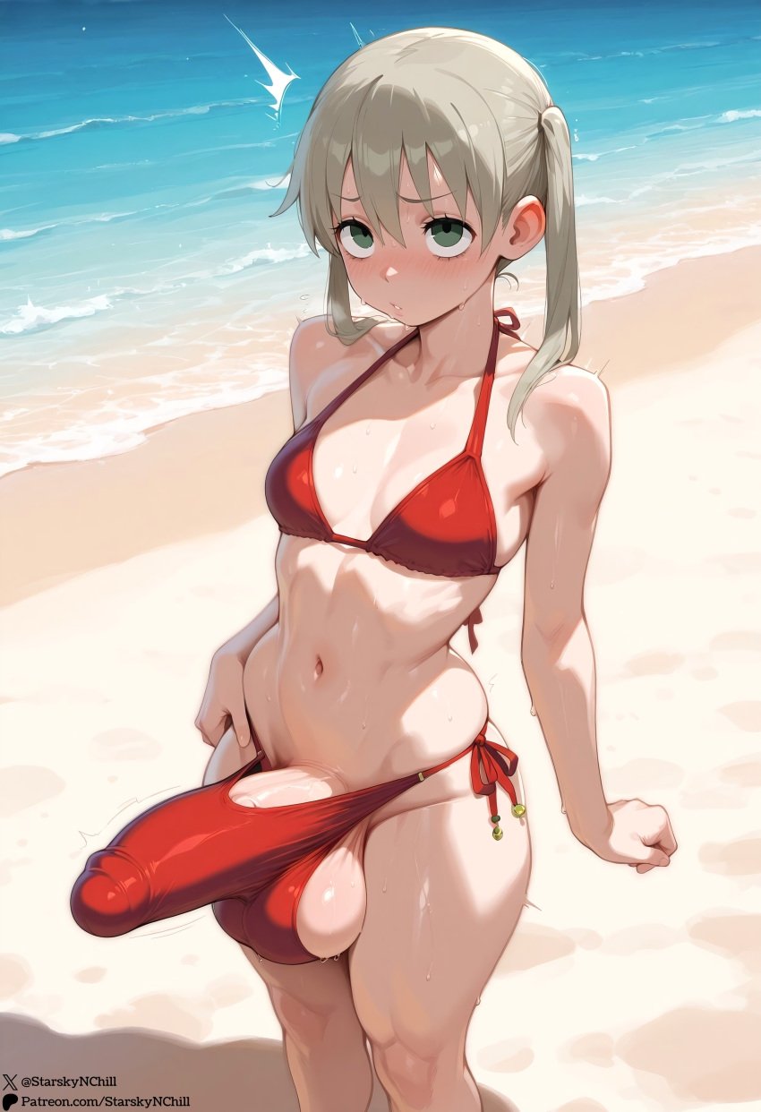 1futa ai_generated beach bikini blush erection_under_clothes futanari huge_cock maka_albarn self-upload soul_eater starskyai