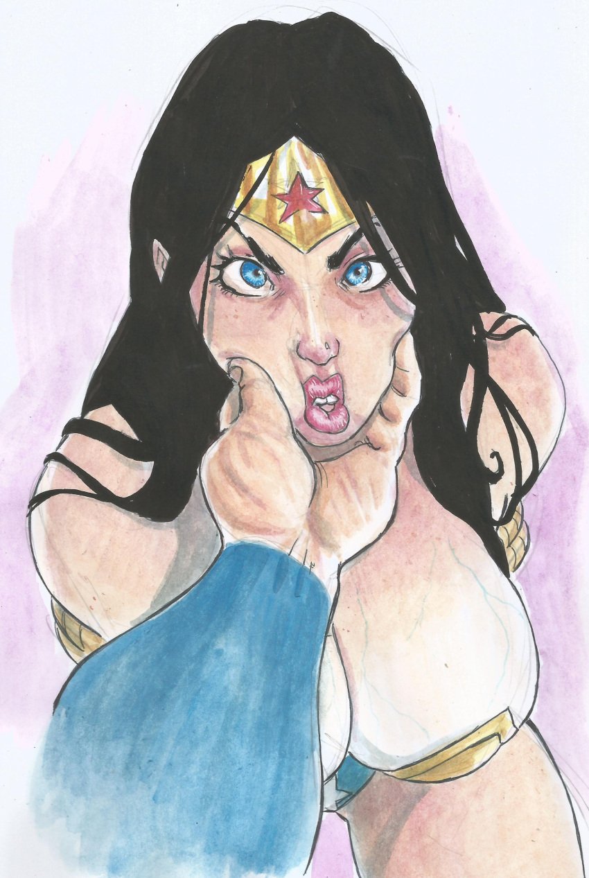 1girls big_breasts black_hair blue_eyes bondage breasts cleavage dc dc_comics defeated defeated_heroine diana_prince disembodied_hand female female_focus femsub huge_breasts justice_league male nipples roberto_jaramillo rope smile solo squeezing_cheeks tied_up traditional_media_(artwork) veiny_breasts watercolor_(artwork) wonder_woman wonder_woman1girls