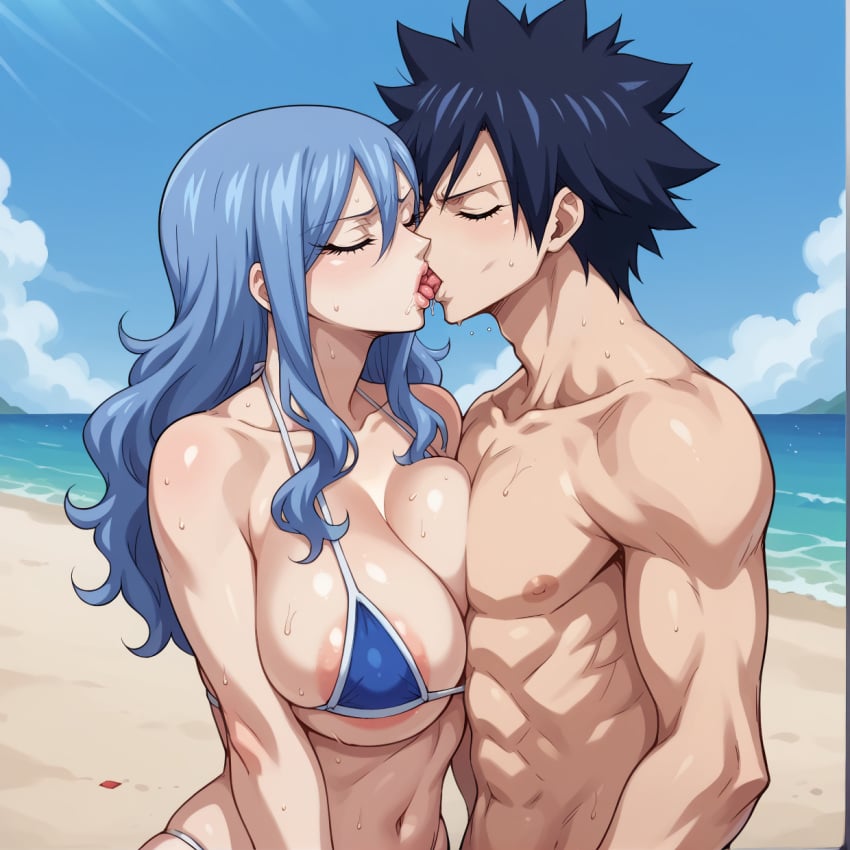 1boy 1girl ai_generated areola_slip beach bikini black_hair blue_hair blue_sky breasts breasts_bigger_than_head breasts_pressed_against_partner curvy curvy_body curvy_female curvy_figure eyes_closed fairy_tail female gray_fullbuster huge_breasts juvia_lockser kiss kissing light-skinned_female light-skinned_male light_skin long_hair male male/female muscular_male no_sex non-nude ps-ai sfw spiked_hair straight sweat voluptuous voluptuous_female