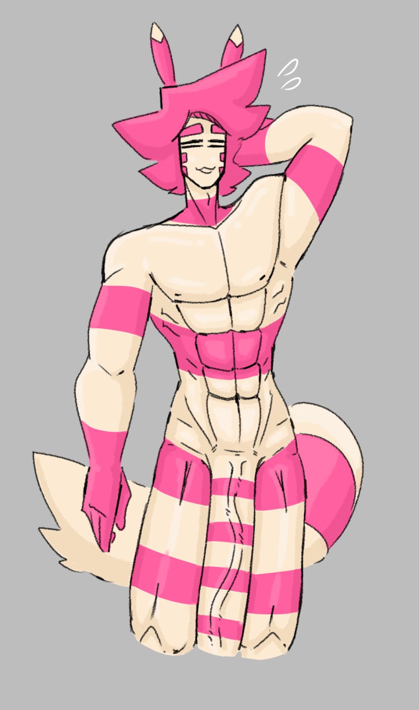 1boy anthro anthrofied arm_up bashful finn_(shewiff) furret huge_cock large_penis muscular_anthro muscular_male original_character pokemon pokemon_gsc shewiff solo veiny_penis