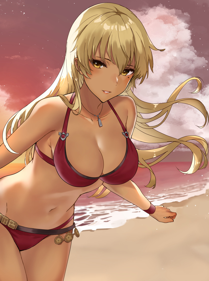 1girls absurdres alternate_costume beach bikini blonde_hair blush breasts cleavage commission dark-skinned_female dark_skin female fire_emblem fire_emblem:_the_binding_blade haru_(nakajou-28) highres igrene_(fire_emblem) large_breasts long_hair looking_at_viewer mole mole_under_eye nintendo ocean red_bikini red_swimsuit skeb_commission smile solo solo_female sunset swimsuit yellow_eyes