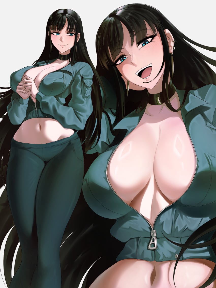 belly_button big_breasts black_hair blue_eyes blush child_bearing_hips choker cleavage ear_piercing earrings jacket long_hair long_neck long_sleeves nico_robin one_piece opalisart open_jacket slim_waist smiling tagme tall_girl thick_thighs tight_clothing top wide_hips