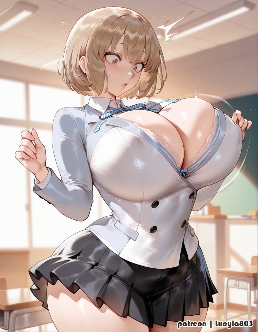 1girls ai_generated atlus blush breasts brown_hair cleavage devil_survivor_2 embarrassed female hips huge_breasts io_nitta light-skinned_female light_skin lucyla megami_tensei nitta_io school_uniform schoolgirl shin_megami_tensei thick_thighs thighs wardrobe_malfunction who wide_hips