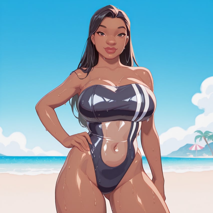 1girls ai_generated beach black_hair cartoon clothed huge_breast lilo_and_stitch nani_pelekai one-piece_swimsuit plump_lips sfw solo swimsuit tan_skin