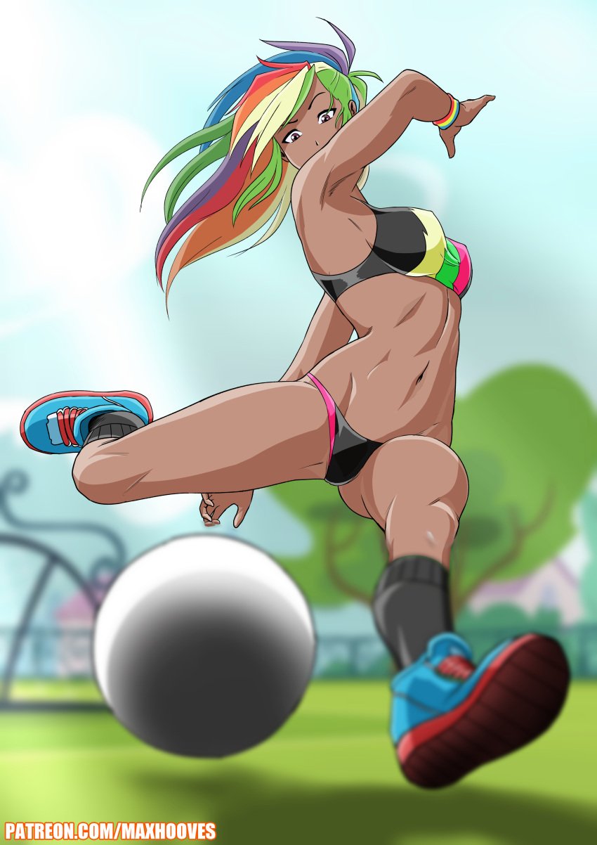 armpits athletic athletic_female ball dark-skinned_female equestria_girls female female_only fit_female friendship_is_magic human human_only humanized large_breasts multicolored_hair my_little_pony purple_eyes rainbow_dash_(eg) rainbow_dash_(mlp) rainbow_hair rambon7 smooth_skin sneakers socks sports_bikini sports_bra tanned