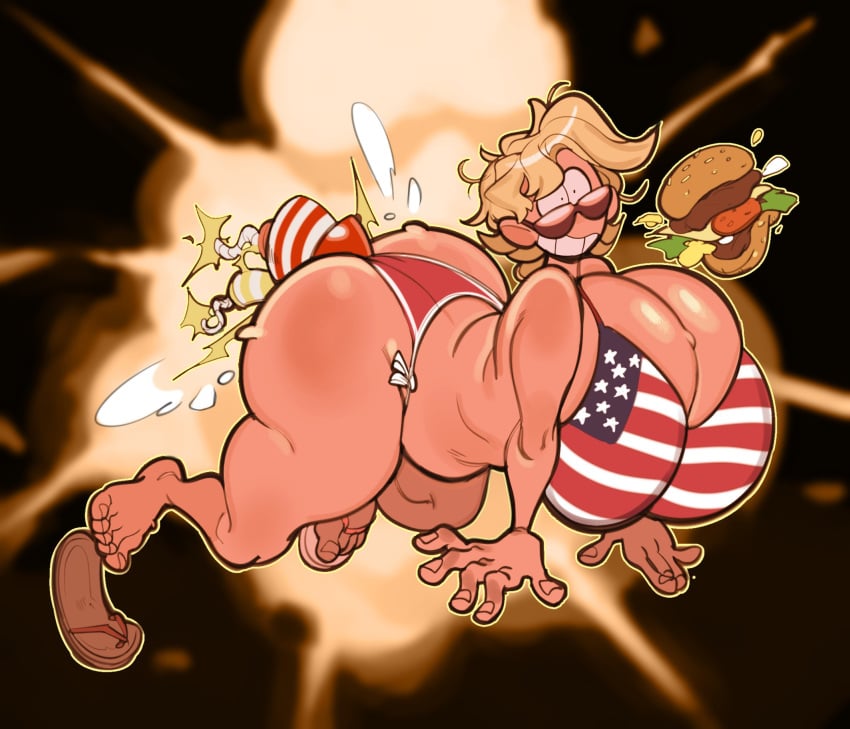 4th_of_july american_flag_bikini big_breasts big_butt bikini brown-tinted_eyewear burger explosion fireworks food implied_penetration karen karen_(submarine_screw) looking_over_eyewear looking_over_glasses looking_over_sunglasses shocked shocked_expression submarine_screw sunglasses swimsuit thick_thighs tinted_eyewear