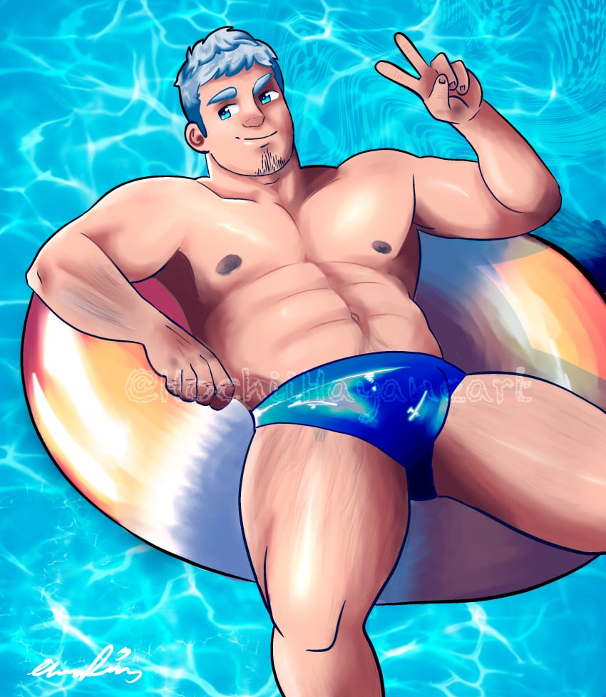 1boy abs big_bulge bulge floating gyee hochiihayane izumi_(gyee) male male_only muscular muscular_male pecs pool smooth_skin speedo thighs