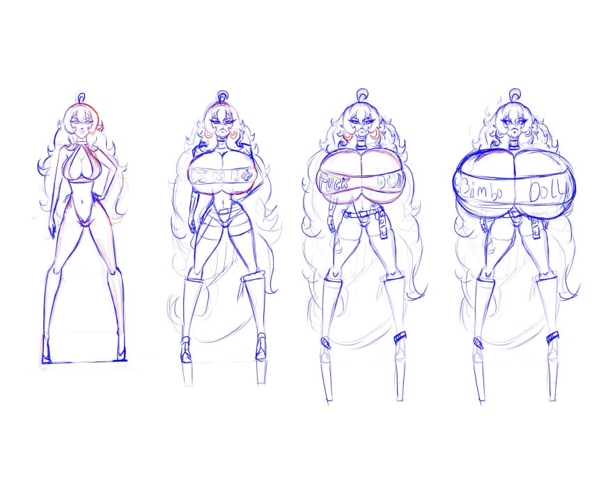 alternate_breast_size bad_anatomy belt_buckle bimbo bimbo_lips bimbofication blonde_hair bradtanker3 breasts breasts_bigger_than_head female high_heels holding_own_breast hyper_bimbo identity_death large_ass large_breasts large_lips long_eyelashes long_hair makeup massive_breasts nipple_bulge nipple_piercing notes orange_lipstick pink_dust platform_heels reference_image rwby sketch visible_nipples yang_xiao_long yellow_lipstick