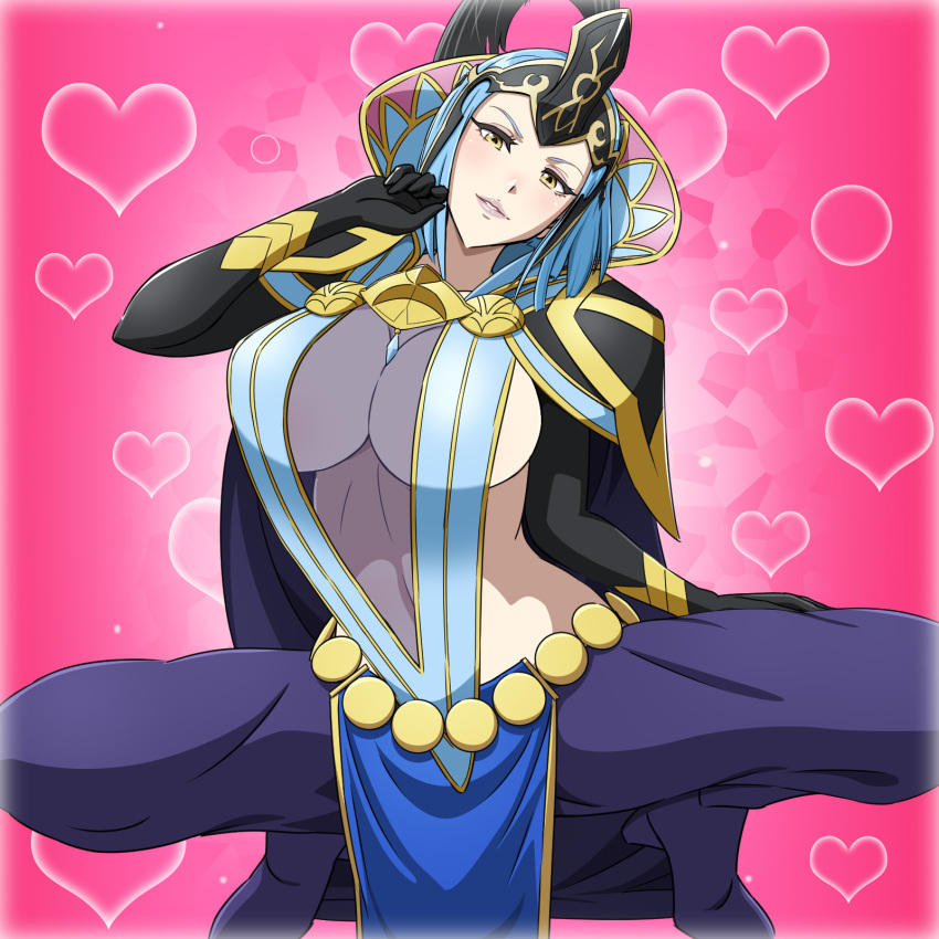 1girls arete_(fire_emblem) blue_hair blush breasts cape covering covering_nipples elbow_gloves female fire_emblem fire_emblem_fates gloves heart helmet highres huge_breasts legs looking_at_viewer milf nintendo parted_lips pink_background see-through short_hair sideboob simple_background smile solo solo_female source_request squatting thighs yellow_eyes yuki_(12cut)