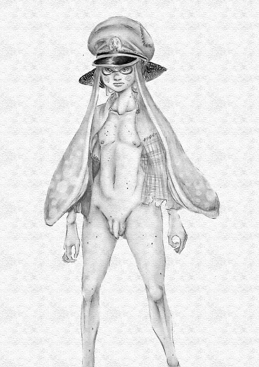 1boy agent_3_(splatoon) androgynous beauty_mark blush cap cloak emotionless femboy flaccid flat_belly flat_chest genitals hairless hairless_balls hairless_penis hat humanoid ibispaintx inkling_boy light-skinned_male long_hair looking_at_viewer male male_only naked navel nipples nonchalant nude original original_character pale_skin pen_(artwork) pencil_(artwork) penis shaded simple_background small_penis smaller_male splatoon splatoon_(series) splatoon_2 splatoon_3 standing testicles thick_penis thick_thighs traditional_media_(artwork) watermark wide_hips