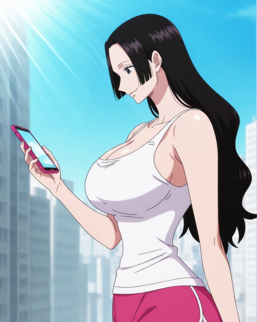 ai_generated black_hair blue_eyes boa_hancock clothing female female_only large_breasts long_hair looking_at_phone one_piece stickyai