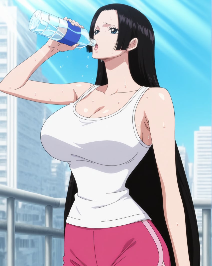 ai_generated black_hair blue_eyes boa_hancock clothing drinking female female_only large_breasts long_hair one_piece stickyai