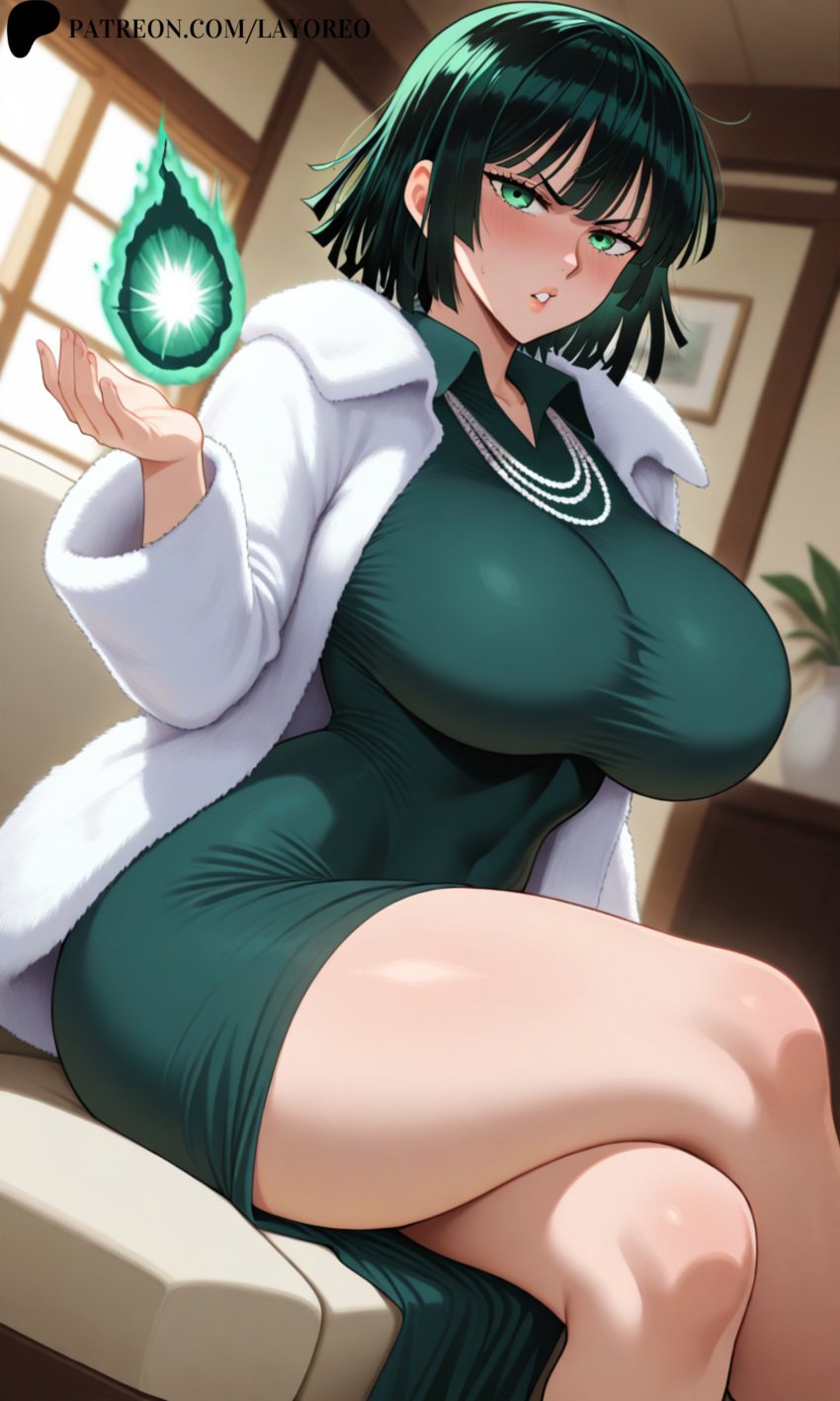 ai_generated blushed blushed_face breasts dress fubuki_(one-punch_man) green_dress green_eyes green_hair huge_breasts lay-oreo looking_at_viewer one-punch_man shy tagme telekinesis thick_thighs