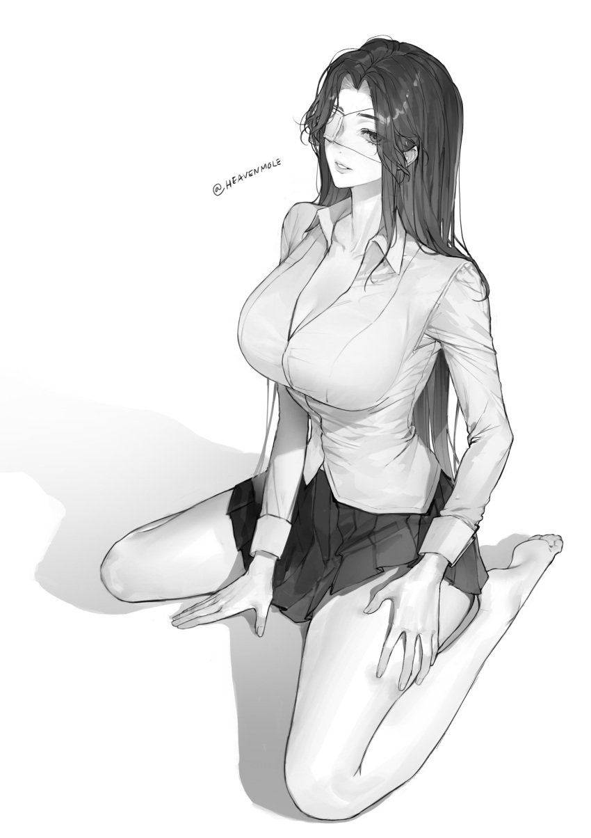 barefoot big_breasts black_and_white cleavage eye_patch feet heavenmole kneeling kneeling_female long_hair long_sleeves original_character sketch skirt slim_waist soles tagme tagme_(character) teenager thick_thighs tight_clothing wide_hips