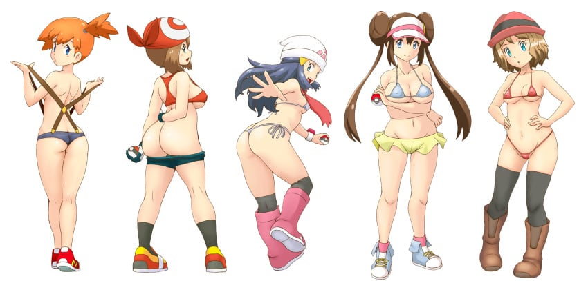 1girls alternate_breast_size alternate_outfit ass ass_cleavage back big_ass big_breasts blush boots bottomless brown_hair butt_crack dawn_(pokemon) eye_contact female female_focus female_only fit from_behind hair_ornament human kasumi_(pokemon) large_breasts legs_together looking_at_viewer looking_back may_(pokemon) may_(pokemon_rs) nintendo orange_hair pants_down pokemon pokemon_bw2 pokemon_rgby pokemon_rse rosa_(pokemon) serena_(pokemon) shoes short_hair shorts sideboob smile smiling suspenders take_your_pick tof topless