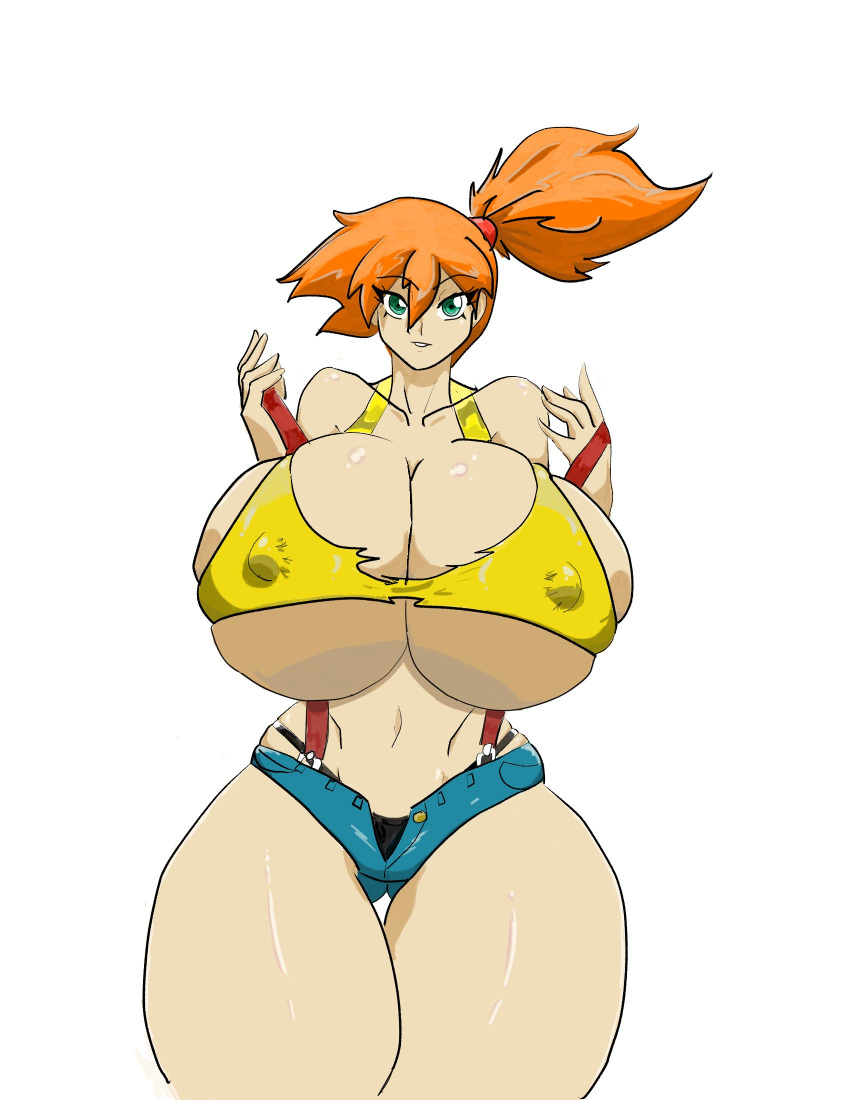 alternate_body_type alternate_breast_size bimbo blue_eyes breasts gigantic_breasts hips huge_breasts huge_hips huge_thighs hyper_breasts kasumi_(pokemon) large_breasts looking_at_viewer marcormen massive_breasts nipple_bulge open_fly orange_hair pokemon ponytail short_shorts smile thick_thighs thighs thong torn_clothing undressing wide_hips