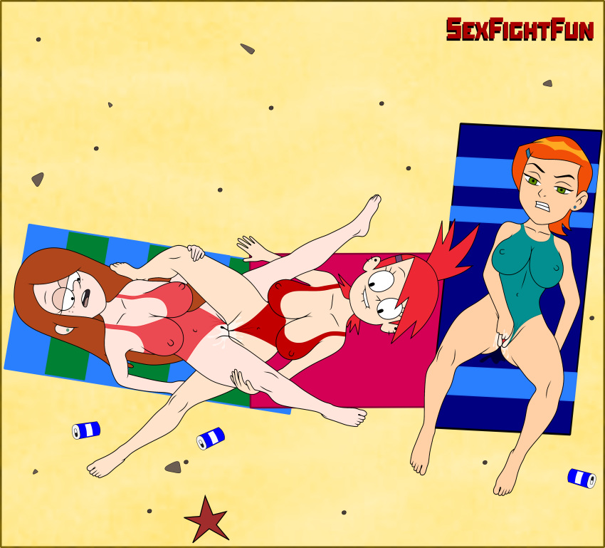 3girls beach ben_10 bikini cameltoe cartoon_network cleavage crossover disney disney_channel erect_nipples erect_nipples_under_clothes female_only fingering fingers_in_pussy foster's_home_for_imaginary_friends frankie_foster gravity_falls green_swimsuit gwen_tennyson human masturbation multiple_girls outdoors pink_swimsuit public_masturbation pussy_juice red_hair red_swimsuit sand scissoring sexfightfun straight_hair sunbathing swimsuit swimwear threesome tribadism wendy_corduroy wet_pussy yuri