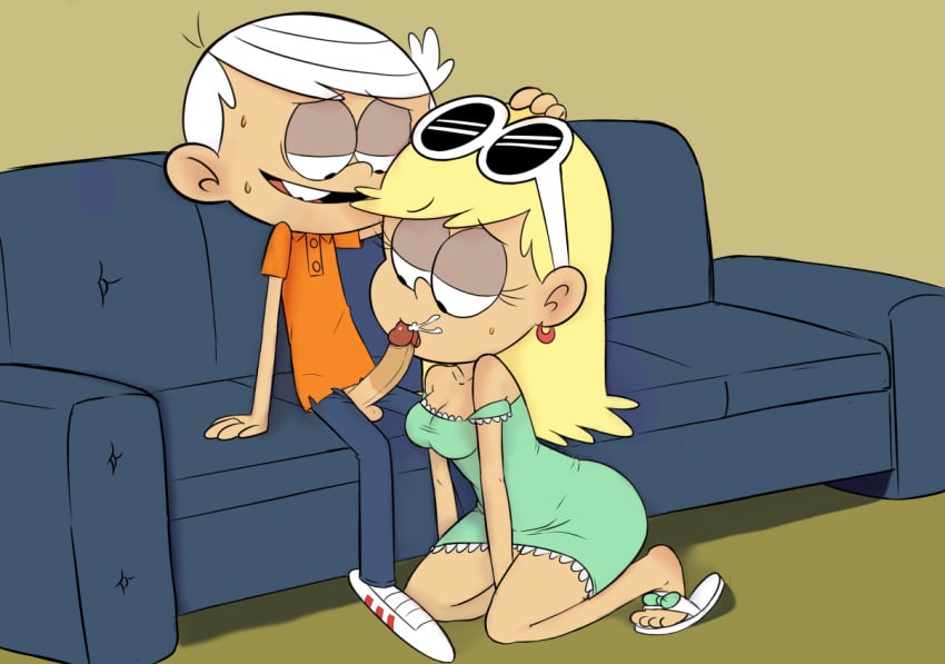 1boy 1girls 2d age_difference blowjob brother_and_sister couch couch_sex cum cum_in_mouth eyewear_on_head fellatio incest leni_loud lincoln_loud older_female older_sister on_knees oral redkaze siblings straight_hair sunglasses_on_head sweat sweatdrop sweating teenage_girl teenage_girl_and_younger_boy teenager the_loud_house young younger_brother younger_male