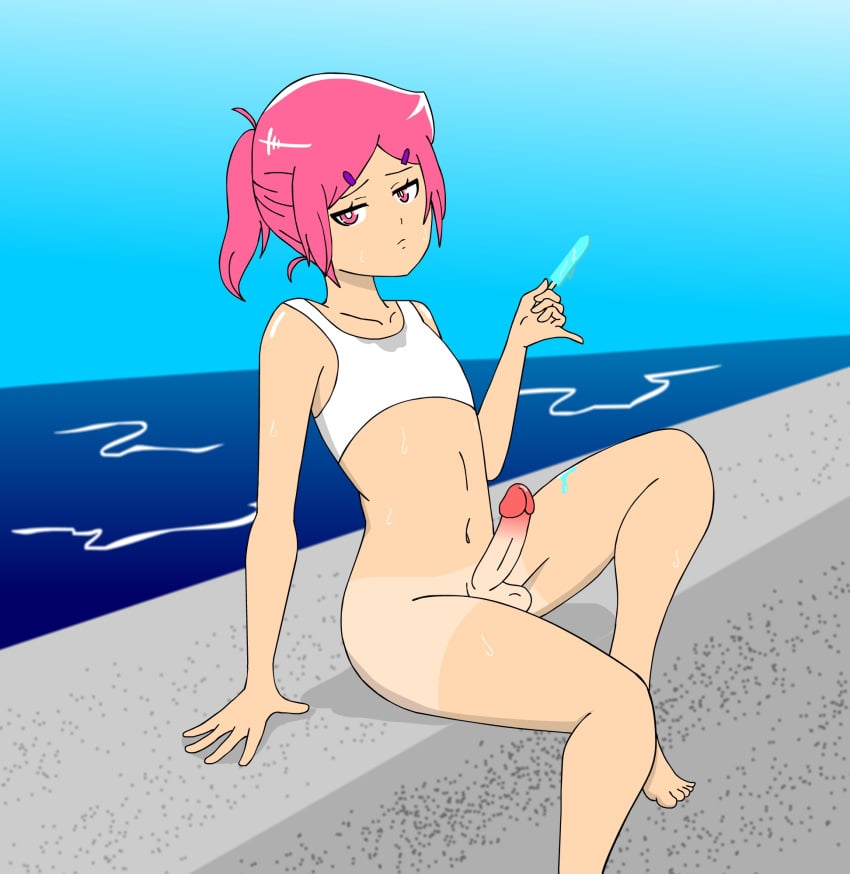 bangs bikini_top blush deepbootykid erection feet_out_of_frame femboy flat_chest hair_ornament male nipples original_character penis pink_hair ponytail popsicle short_hair sitting tanline water wet