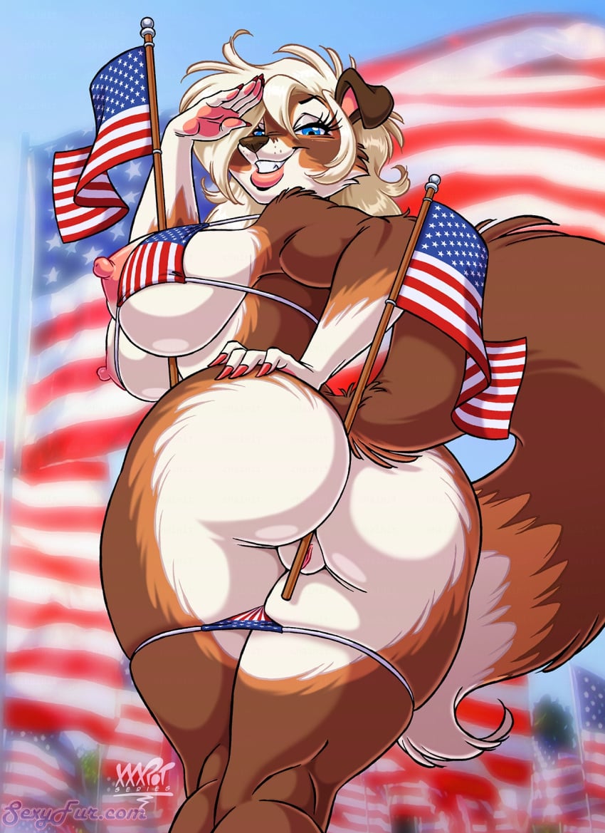 1girls 4th_of_july american_flag american_flag_bikini anthro ass big_ass big_boobs big_breasts big_butt big_tits bikini bikini_down bikini_pull blue_eyes bubble_butt butt canid canine canis dawn_(jeremy_bernal) eltonpot erect_nipples erected_nipples fat_ass fat_butt female flag flagpole flags furry looking_at_viewer looking_back nipple_slip nipples plump_ass plump_butt pussy pussy_peek red_nails stars_and_stripes two_tone_fur