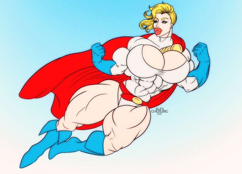 abs alexcherubic big_breasts big_lips blonde_hair blue_eyes breasts costume dc female female_only muscles muscular muscular_female power_girl superheroine thick_thighs