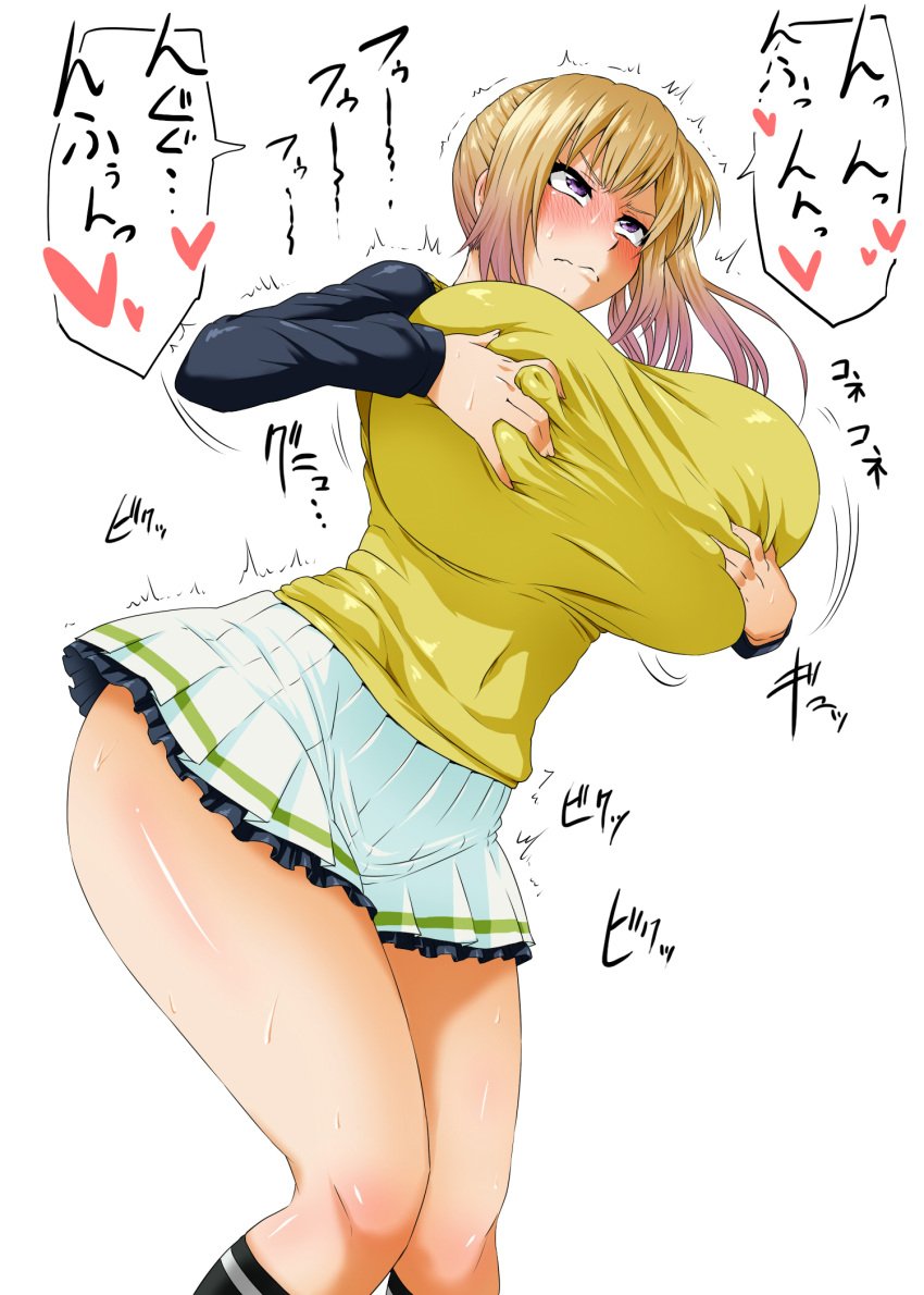 ahemaru big_breasts blonde_hair blush breast_grab breast_squeeze breasts curvy erect_nipples eyes_rolling_back female female_only groping_breasts groping_self groping_through_clothes huge_breasts kawakami_mai miniskirt musaigen_no_phantom_world nipples_visible_through_clothing school_uniform schoolgirl self_fondle side_ponytail solo solo_female sweater thick_thighs