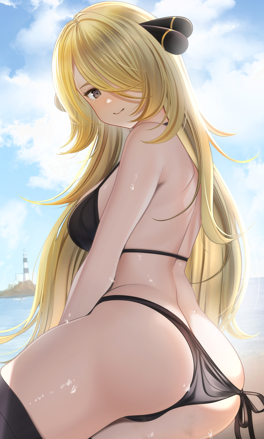 1girls ass bikini blonde_hair breasts cynthia_(pokemon) eye_contact female hair_ornament high_resolution long_hair looking_at_viewer mature_female nanaken_nana nintendo pokemon pokemon_dppt solo thick_thighs thighhighs thighs