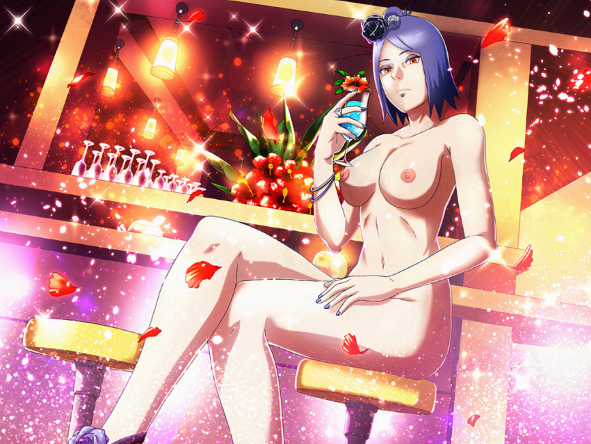 1girls big_breasts blue_hair breasts chair closed_mouth crossed_legs detailed_background dp1757 drink edit eyelashes eyeshadow facial_piercing female_only flower flower_in_hair footwear glass hair_bun hair_ornament holding_object konan leaves light-skinned_female light_skin long_hair looking_at_viewer makeup mascara mature mature_female naked naruto naruto_(series) naruto_shippuden nipples nude nude_filter on_chair paipan pale-skinned_female pale_skin parted_bangs piercing serious shiny shiny_hair shoes shoulder_length_hair side_bun skindentation solo solo_female solo_focus sparkles