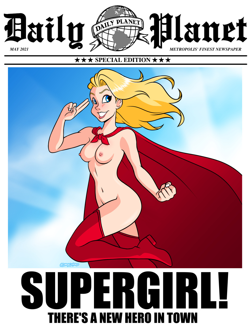 1girls areolae blonde_hair blue_eyes bold-n-brash breasts cape casual casual_nudity dc erect_nipples female female_only kara_zor-el legwear light_skin lipstick medium_breasts medium_hair mostly_nude newspaper nipples outdoors outerwear outside red_thigh_boots solo supergirl superman_(series) thigh_boots thigh_highs