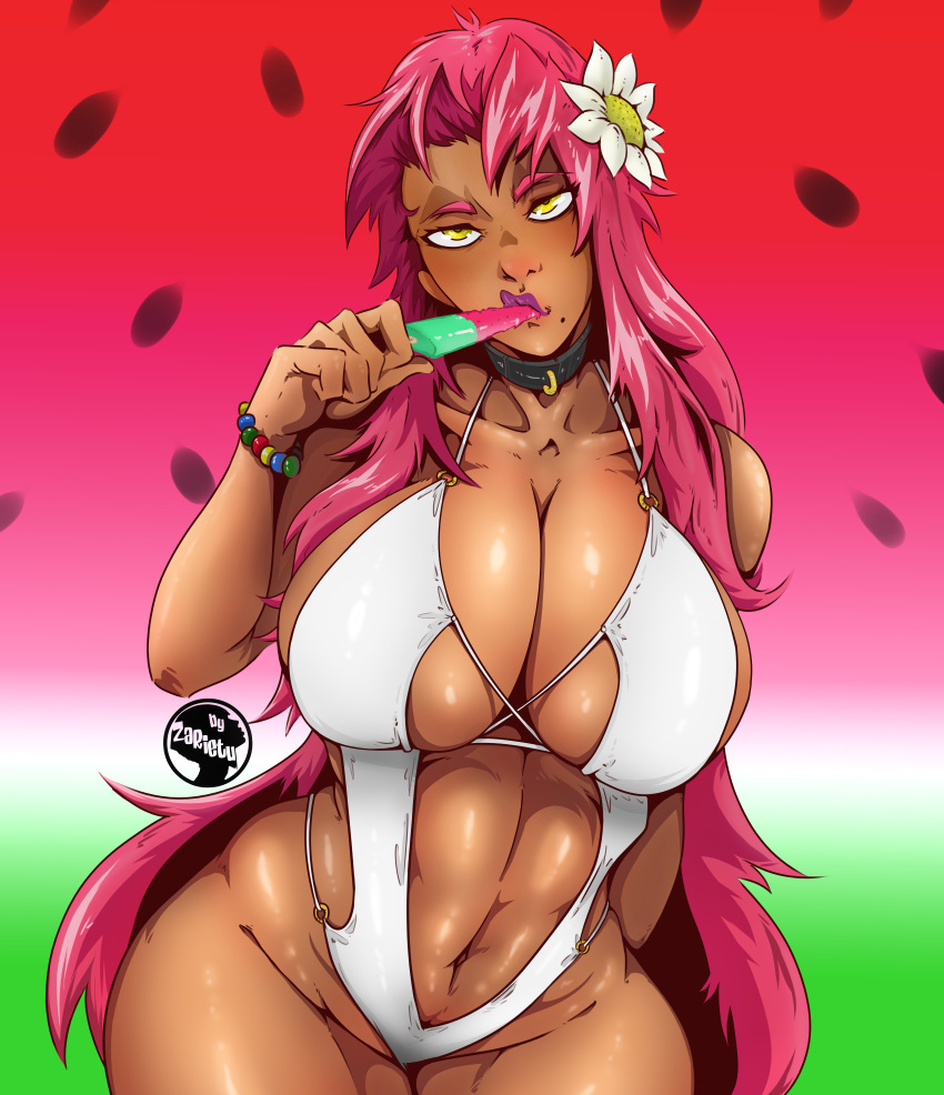 dark-skinned_female dark_skin demon demon_girl ingrid_(taimanin_asagi) makai_kishi_ingrid pink_hair purple_lipstick red_hair sling_bikini slingshot_swimsuit summer swimsuit tagme taimanin_(series) taimanin_murasaki taimanin_rpgx watermark watermelon white_bikini white_slingshot_swimsuit yellow_eyes zarietu