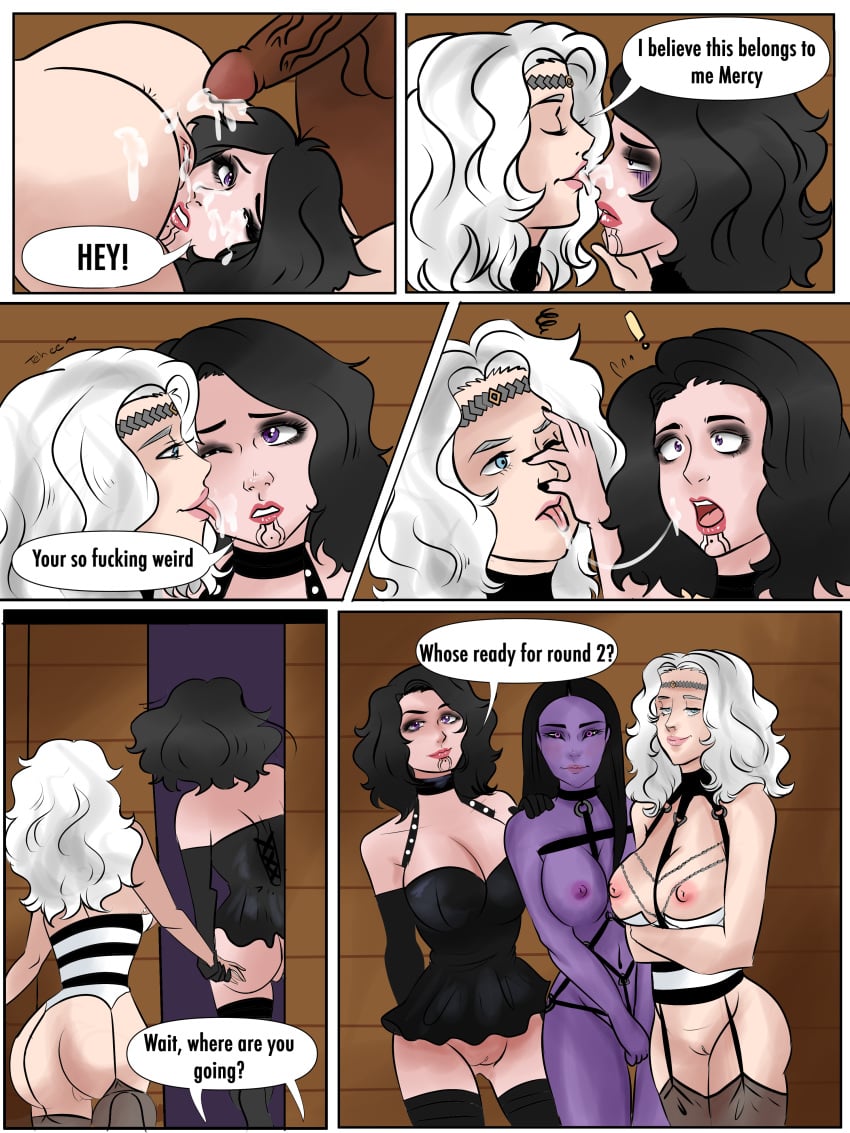 anal anal_sex angela_white ass_eating bdsm_gear bethesda_softworks big_penis bondage_outfit comic_page cum cum_in_ass cum_in_pussy cumshakequeen daedra mercy_white rimjob sex skyrim the_elder_scrolls threesome vlam